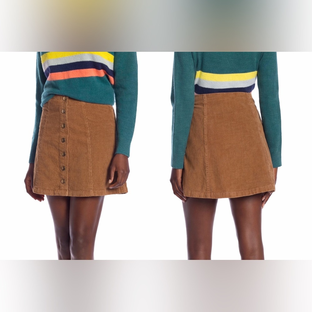Wishlist Caramel Brown Corduroy Snap Front Mini Skirt Women’s S, A-Line Academia
